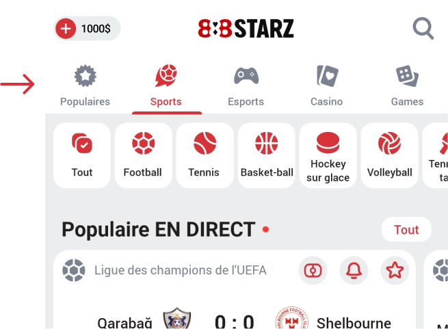 Allez dans la section Sports 888starz Apk Sénégal